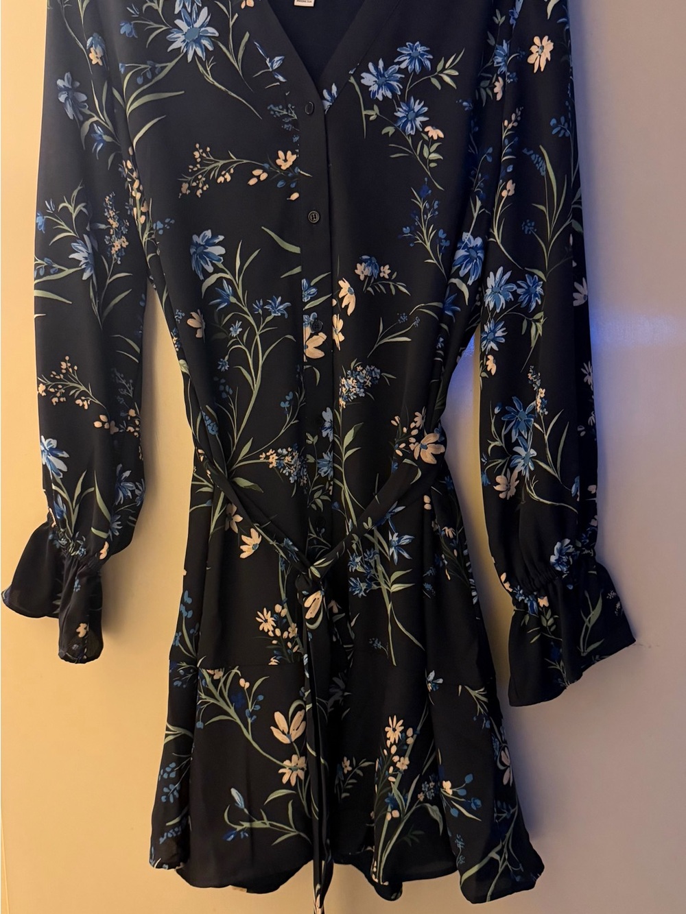 CeCe Navy Floral Tie-Waist Long Sleeve Dress